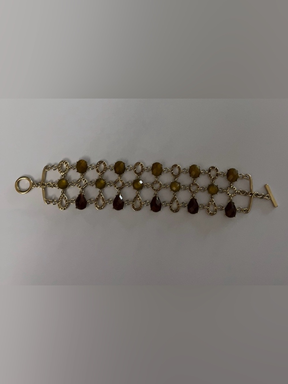 Gold-Tone Multi-Stone Dangle Bracelet in Olive and Garnet